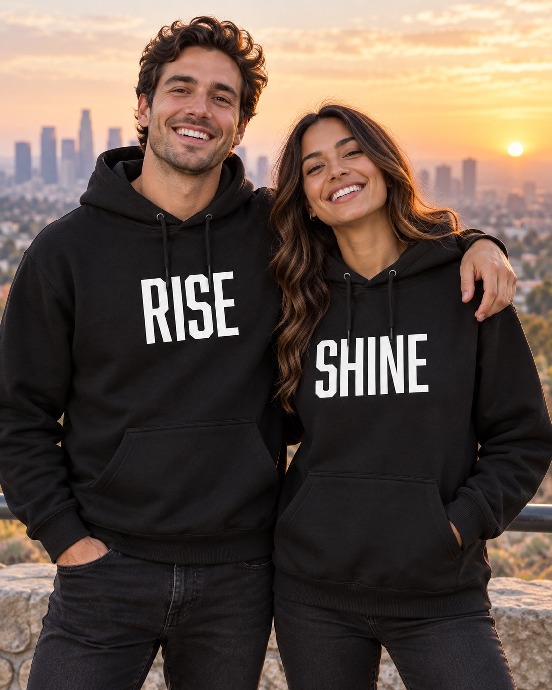 Two models wearing Rise and Shine hoodies