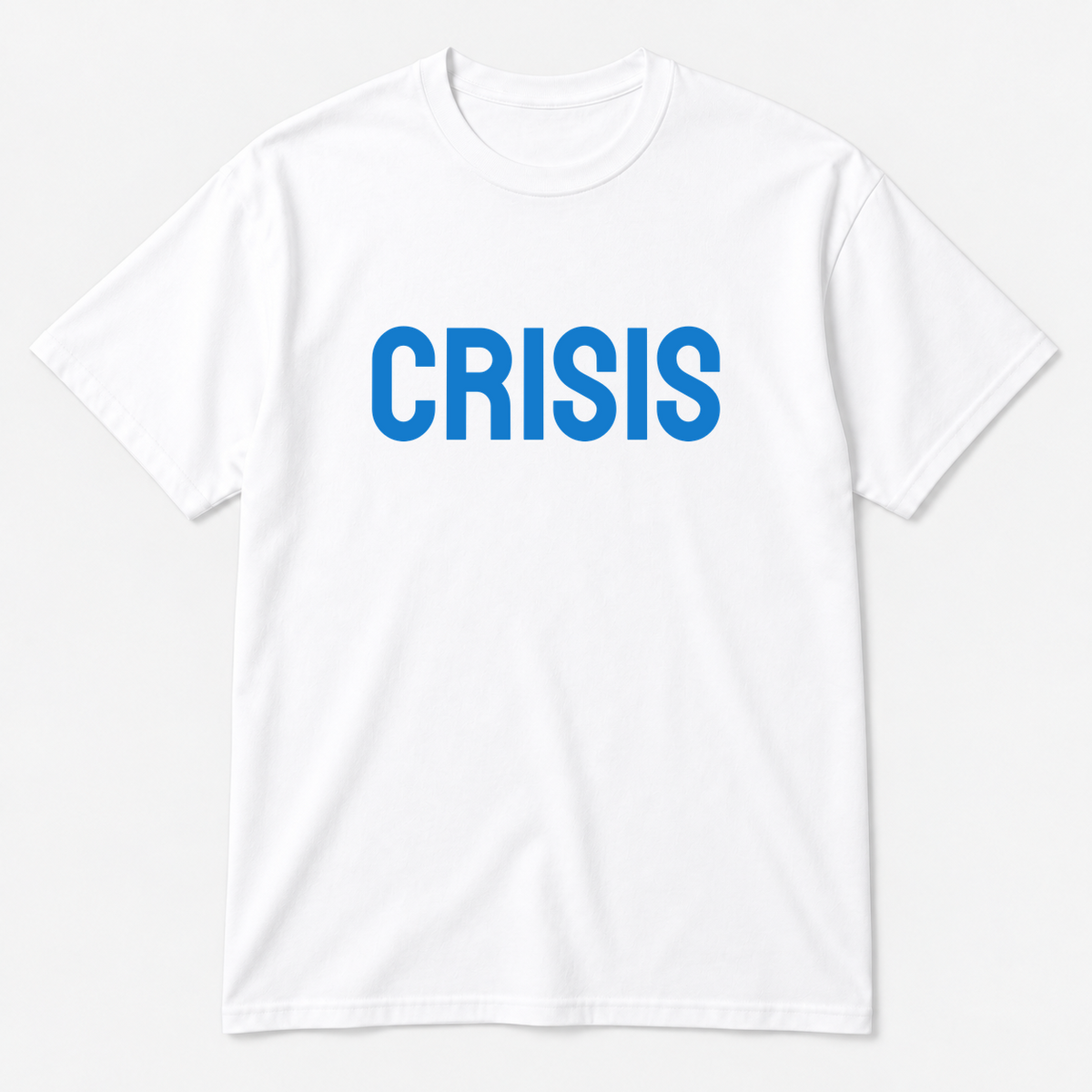 Crisis T-Shirt in white with blue text