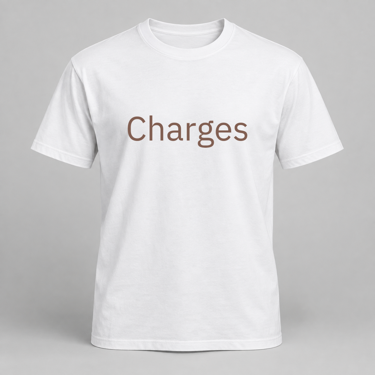 Charges T-Shirt in white with brown text
