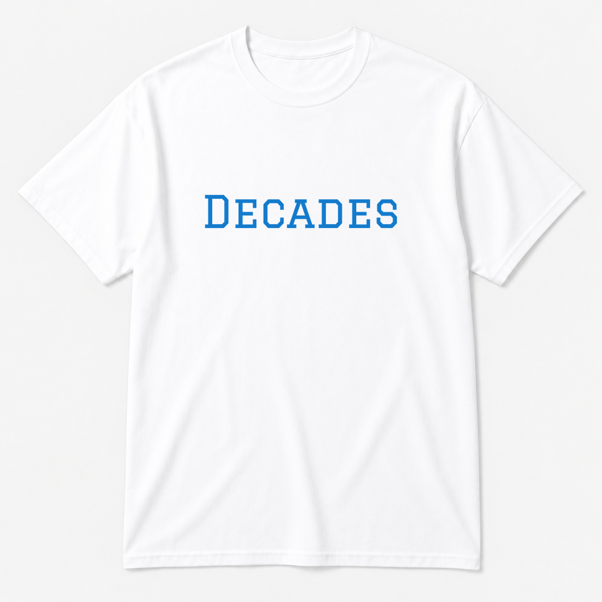 Decades T-Shirt in white with blue text