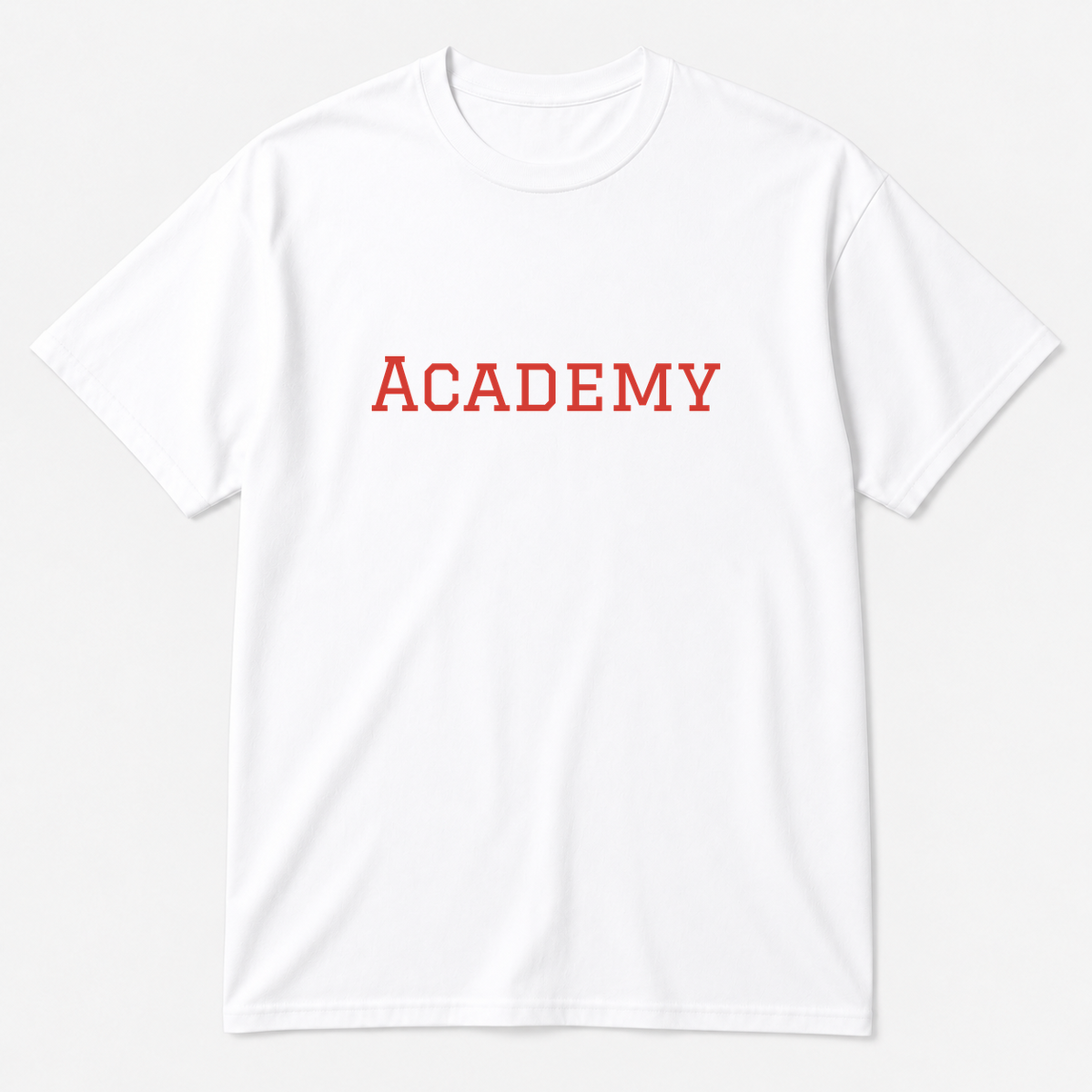 Academy T-Shirt in white with red text