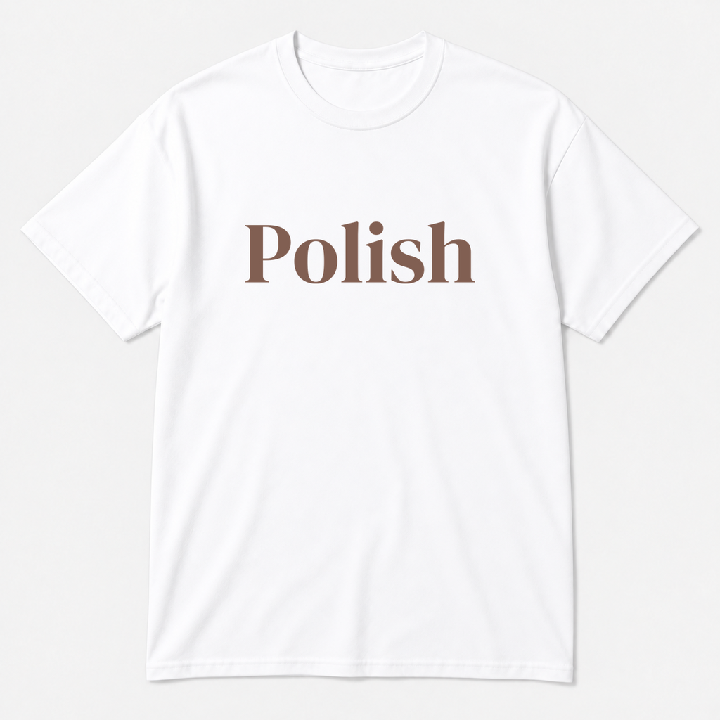 Polish T-Shirt in white with brown text