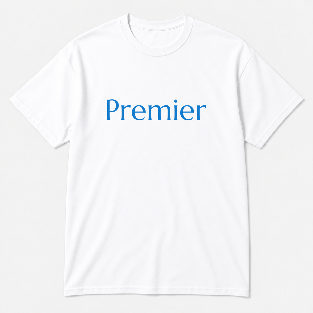 Premier T-Shirt in white with blue text