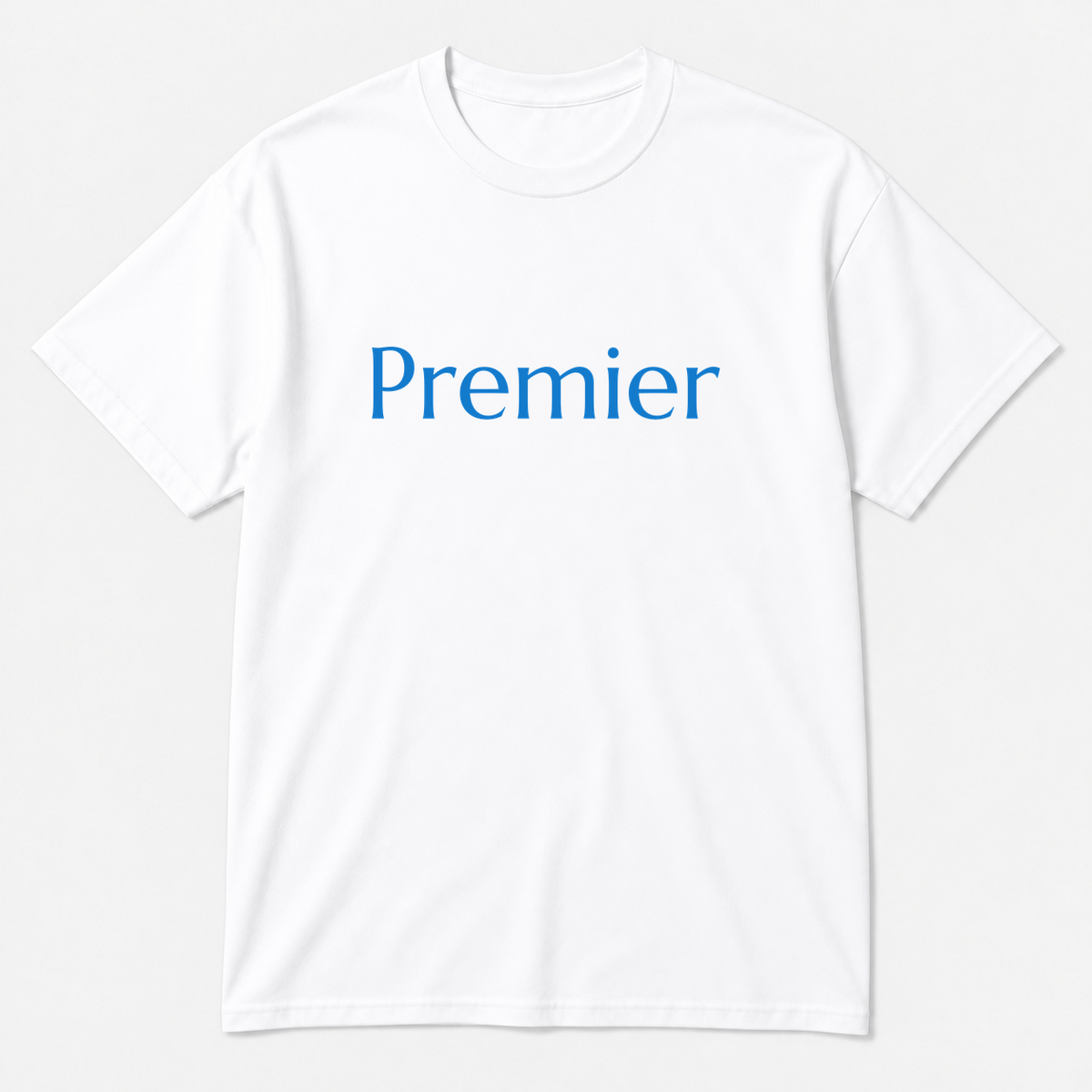 Premier T-Shirt in white with blue text