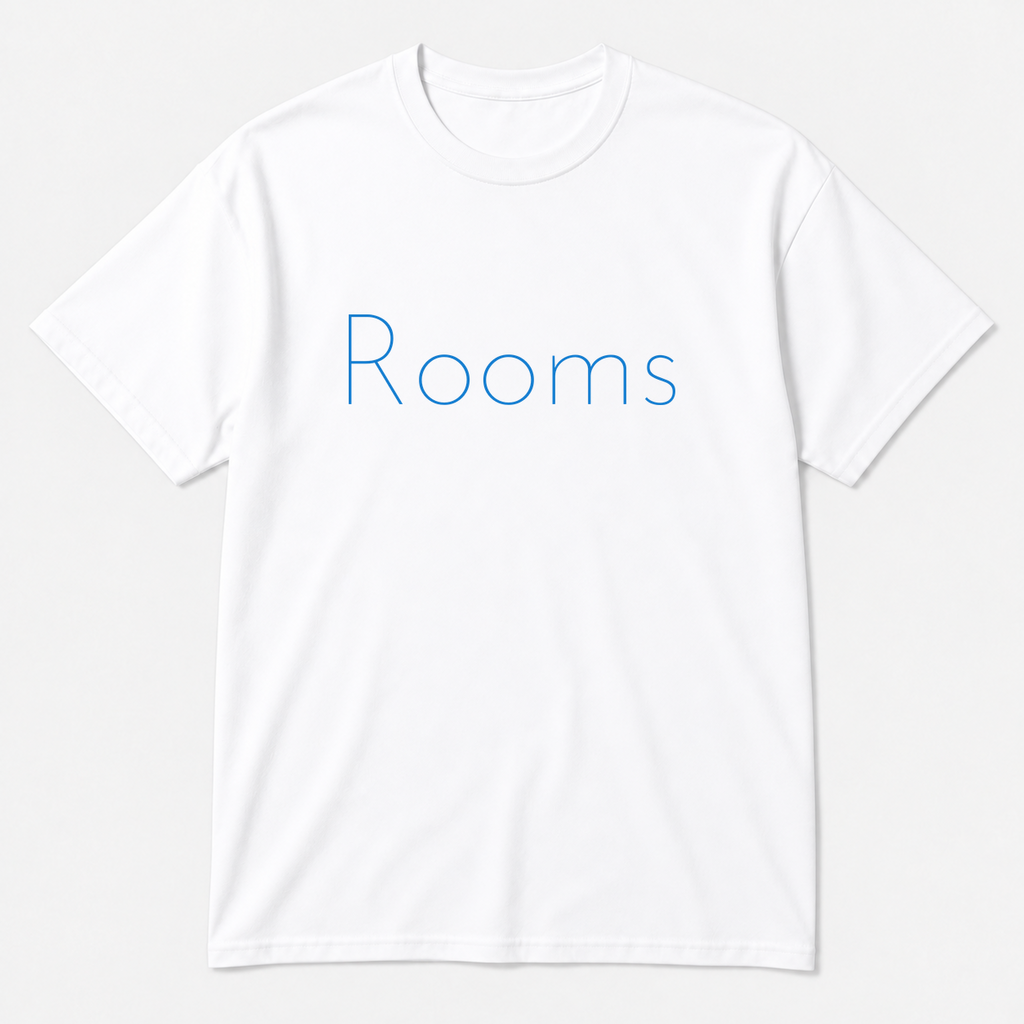 Rooms T-Shirt in white with blue text