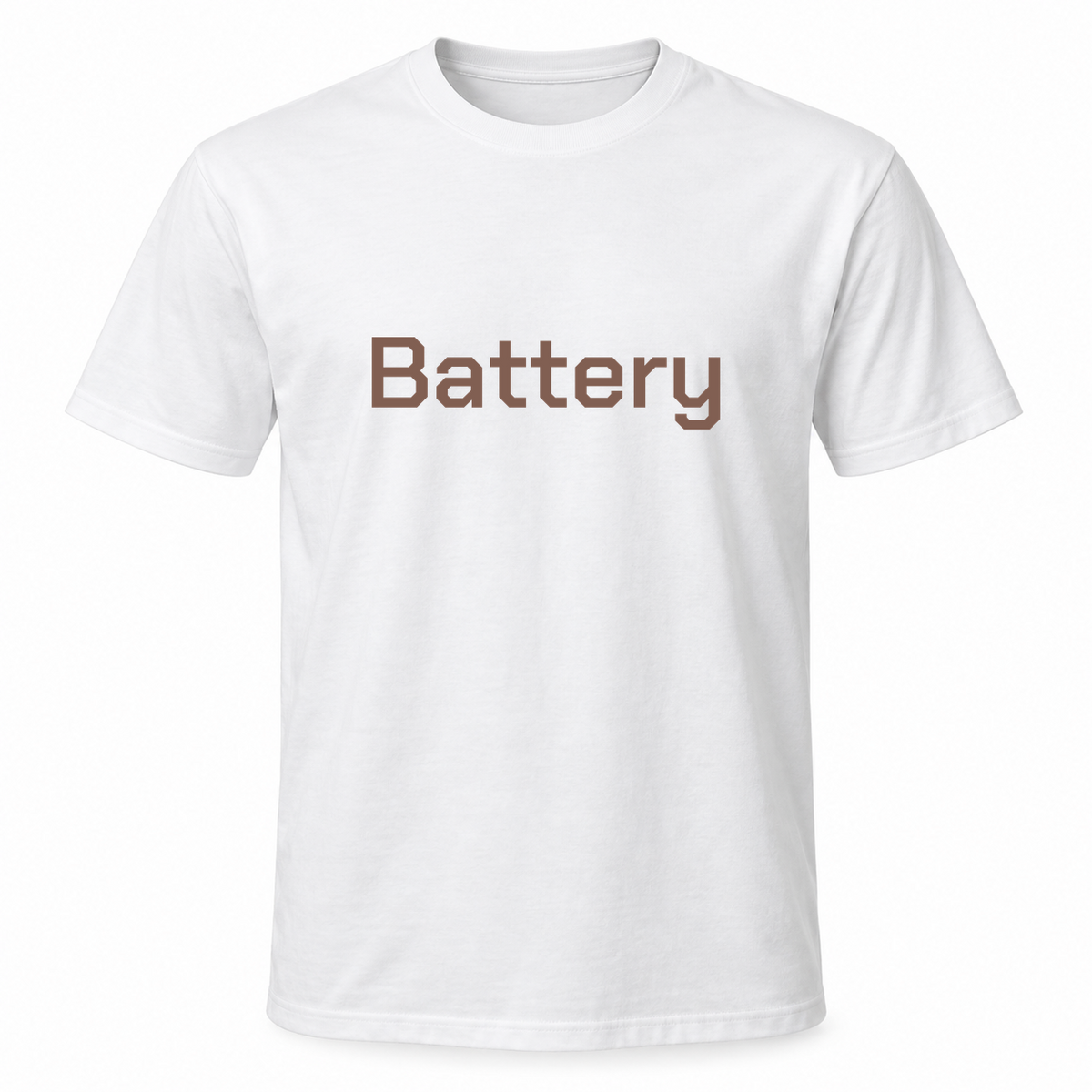 Battery T-Shirt in white with brown text