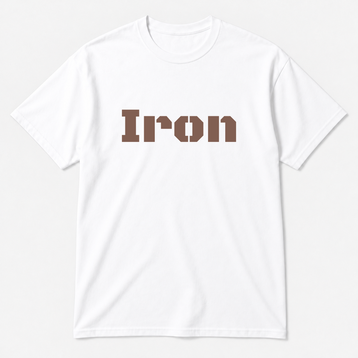 Iron T-Shirt in white with brown text