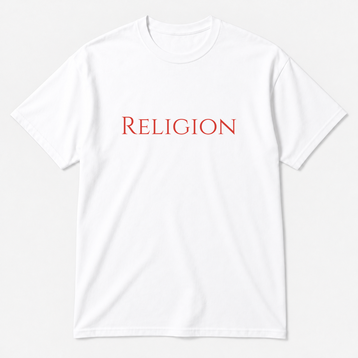 Religion T-Shirt in white with red text
