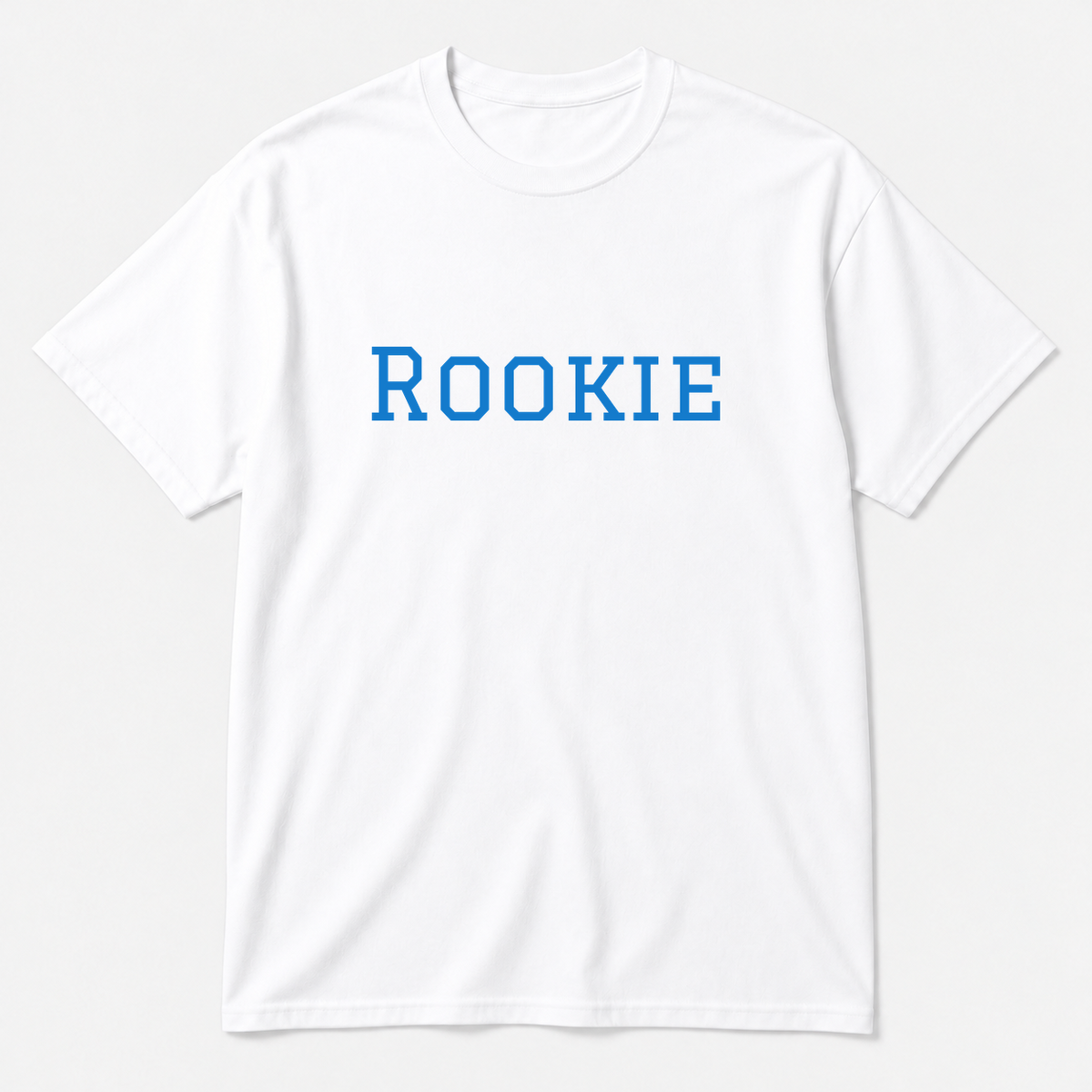 Rookie T-Shirt in white with blue text