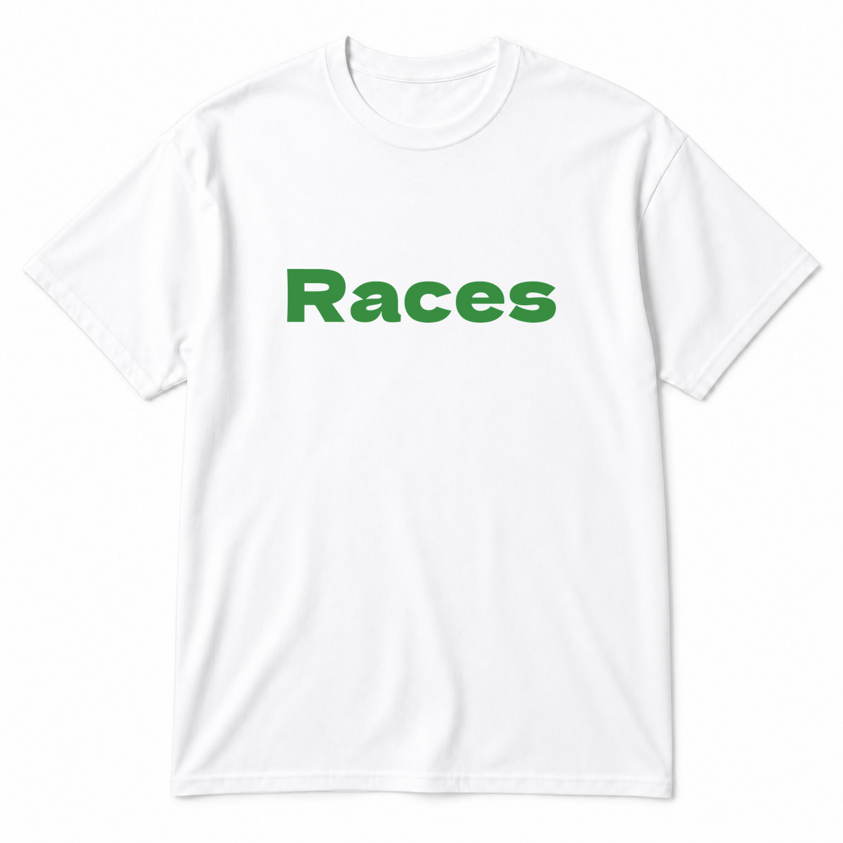 Races T-Shirt in white with green text