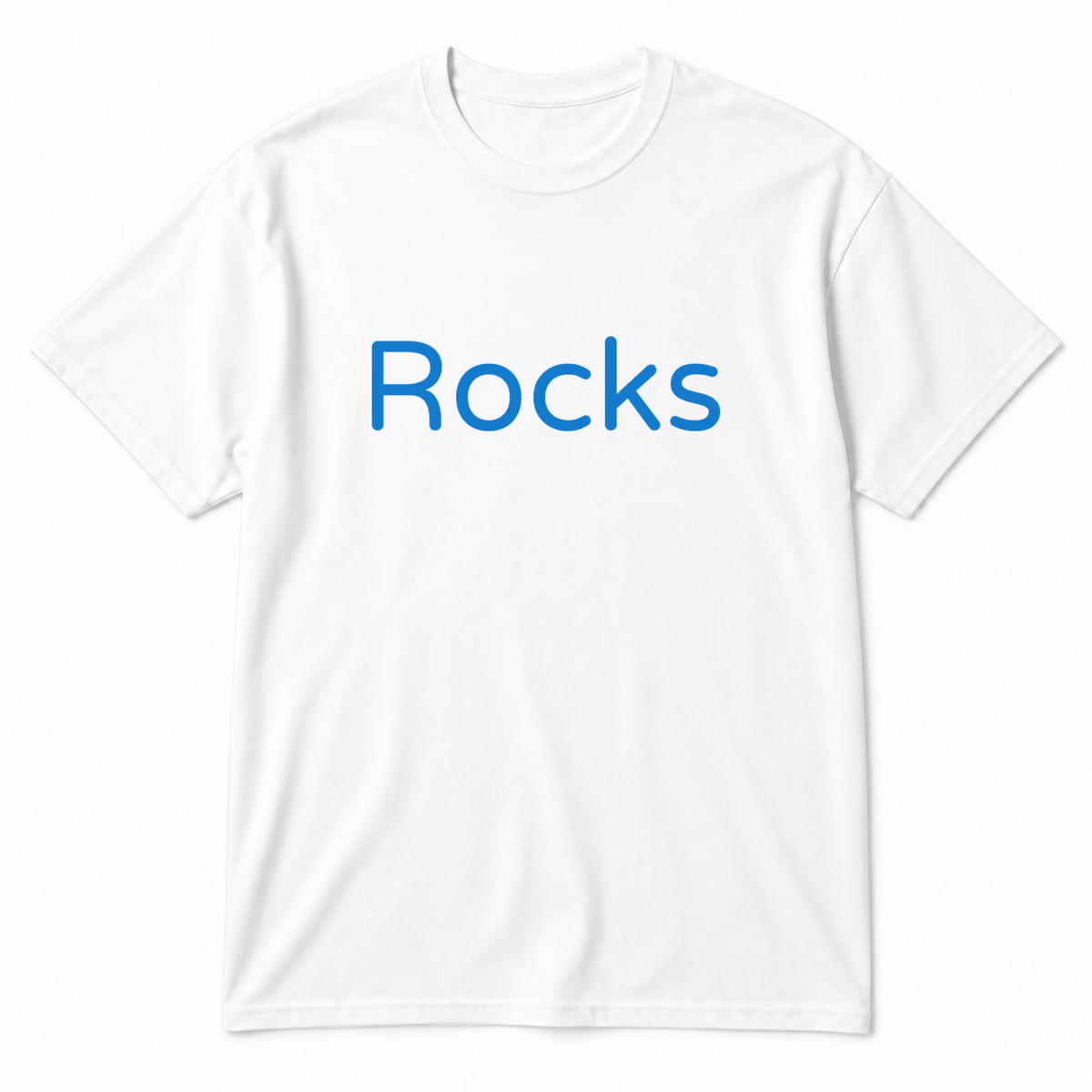 Rocks T-Shirt in white with blue text