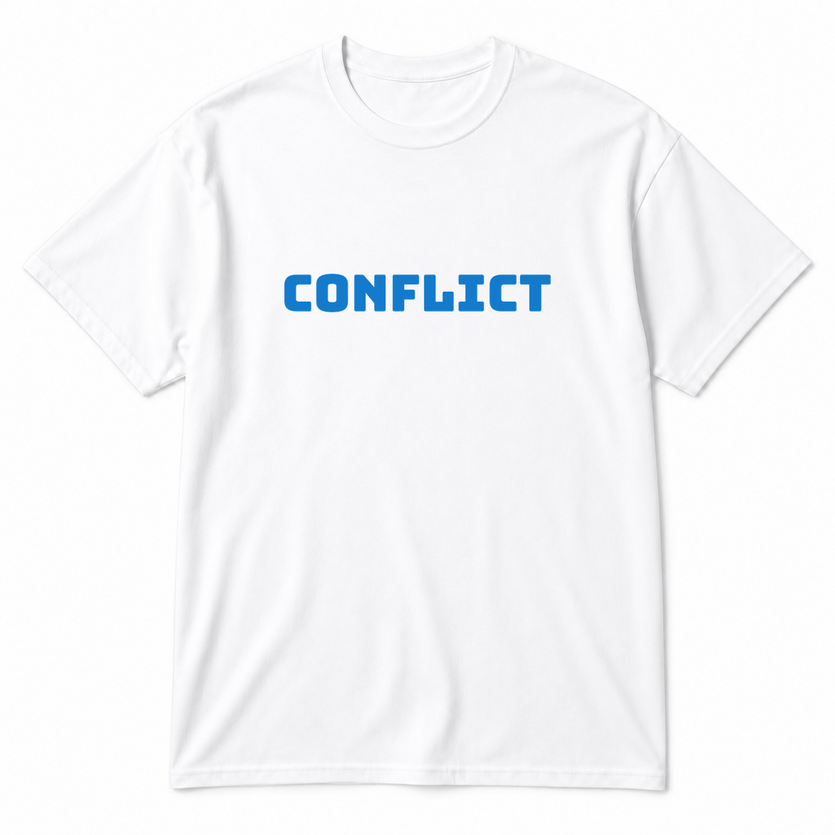 Conflict T-Shirt in white with blue text
