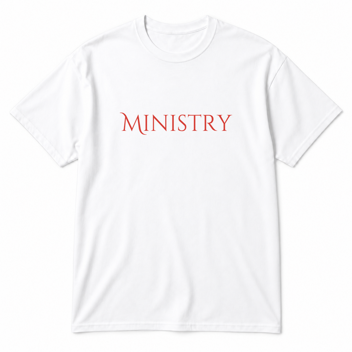 Ministry T-Shirt in white with red text