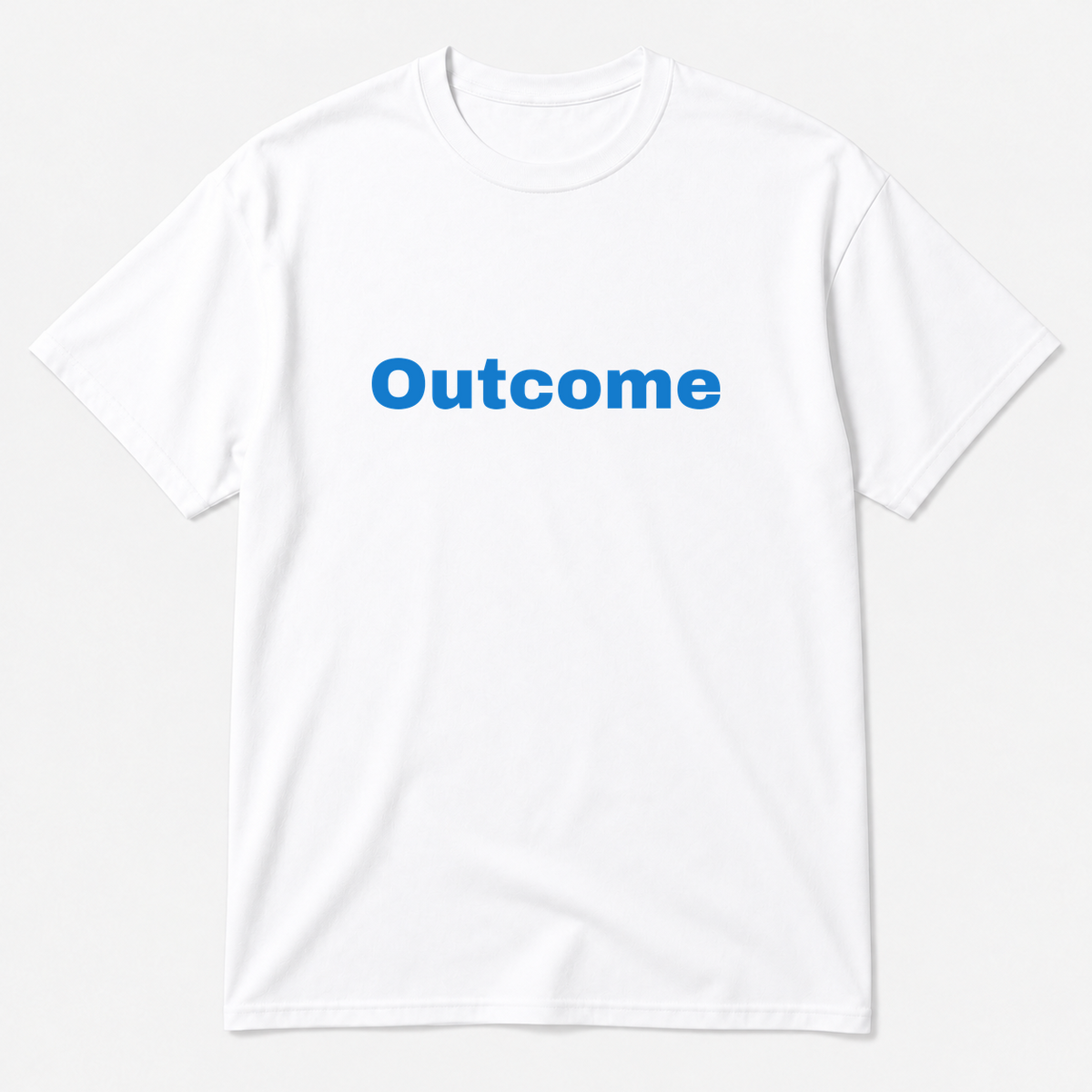 Outcome T-Shirt in white with blue text
