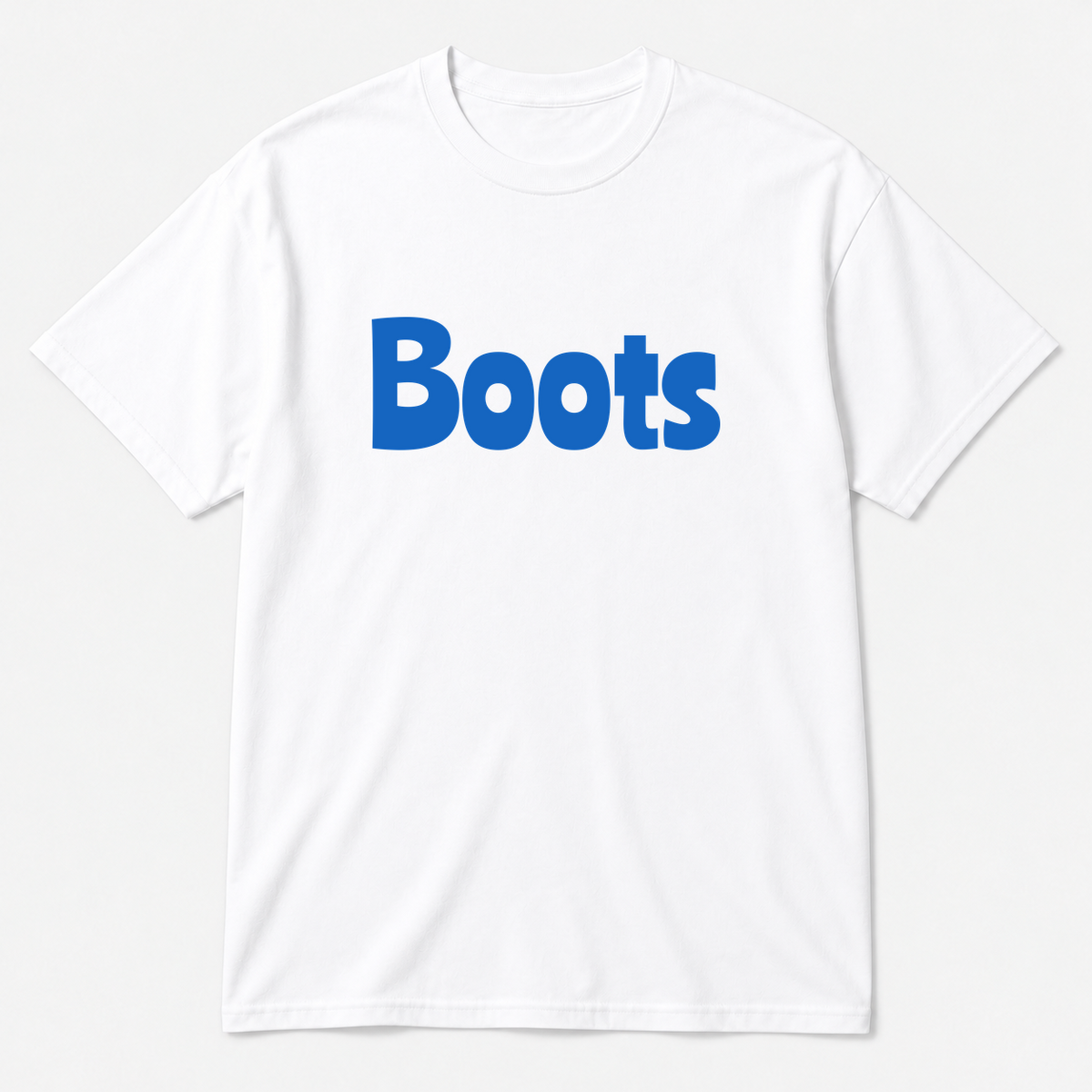 Boots T-Shirt in white with blue text