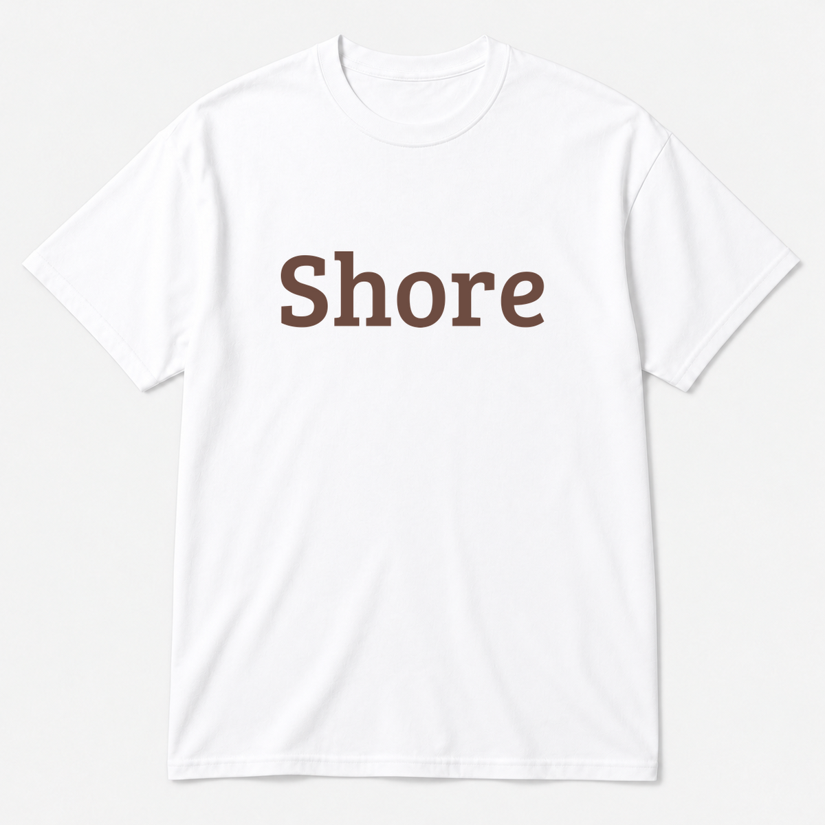 Shore T-Shirt in white with brown text