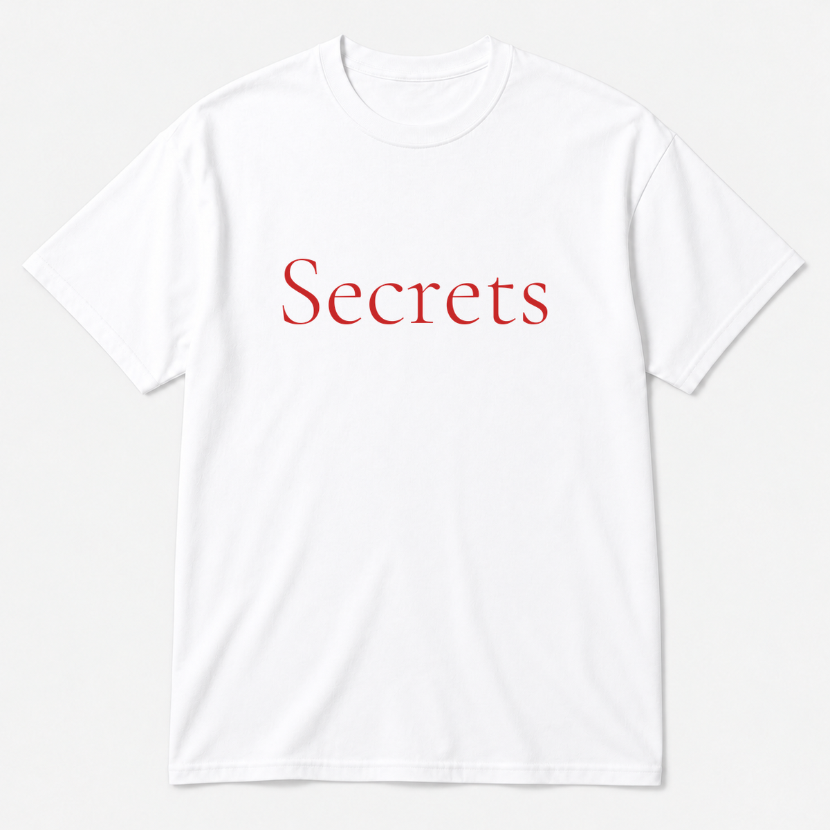 Secrets T-Shirt in white with red text
