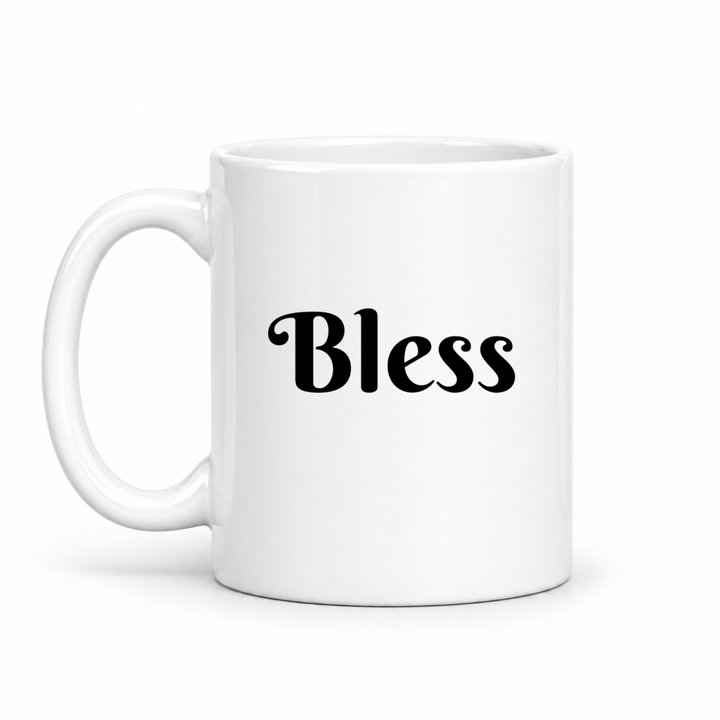 Bless Mug in white with handle left
