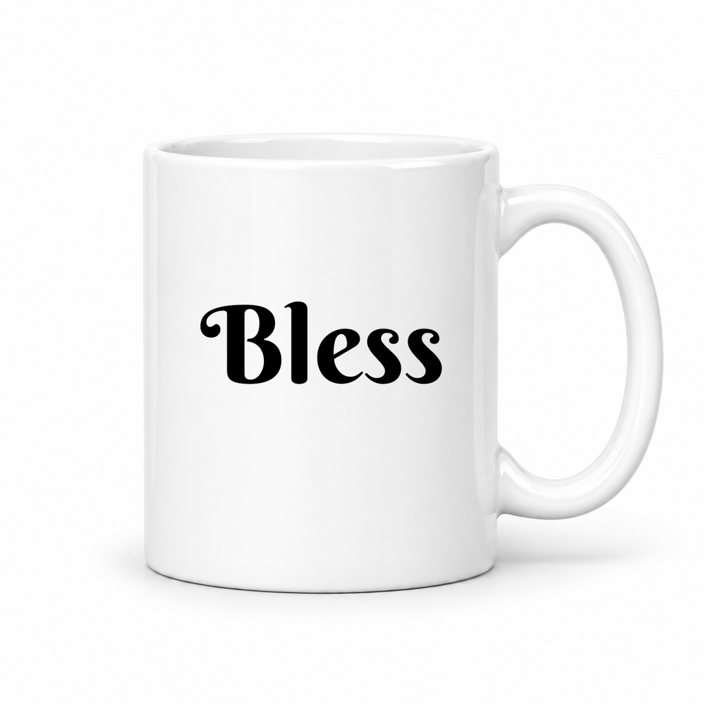 Bless Mug in white with handle right