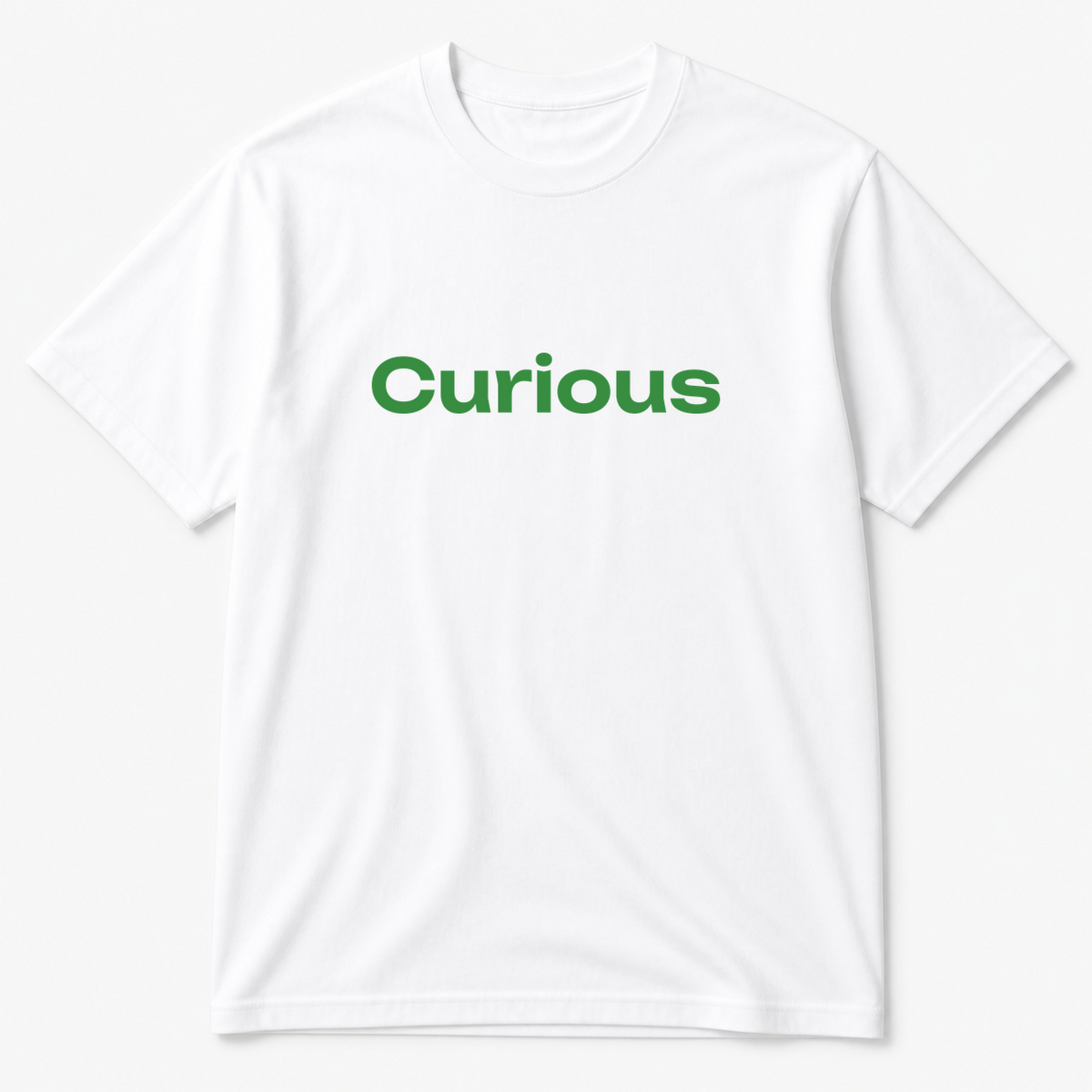 Curious T-Shirt in white with green text