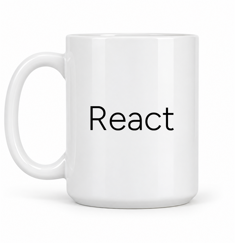 React Mug in white with handle left