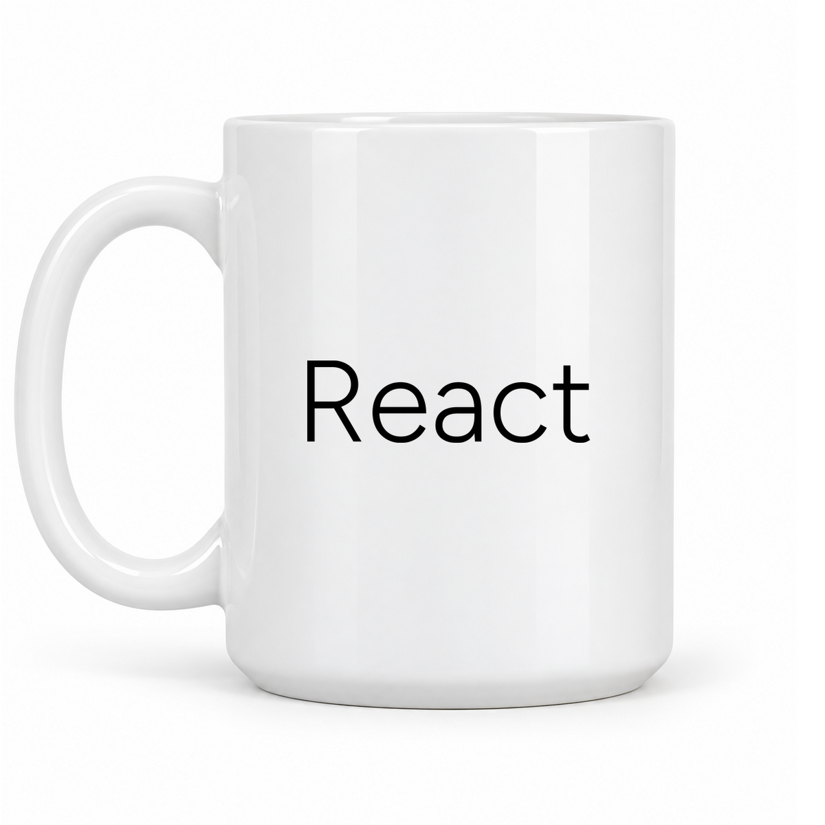 React Mug in white with handle left