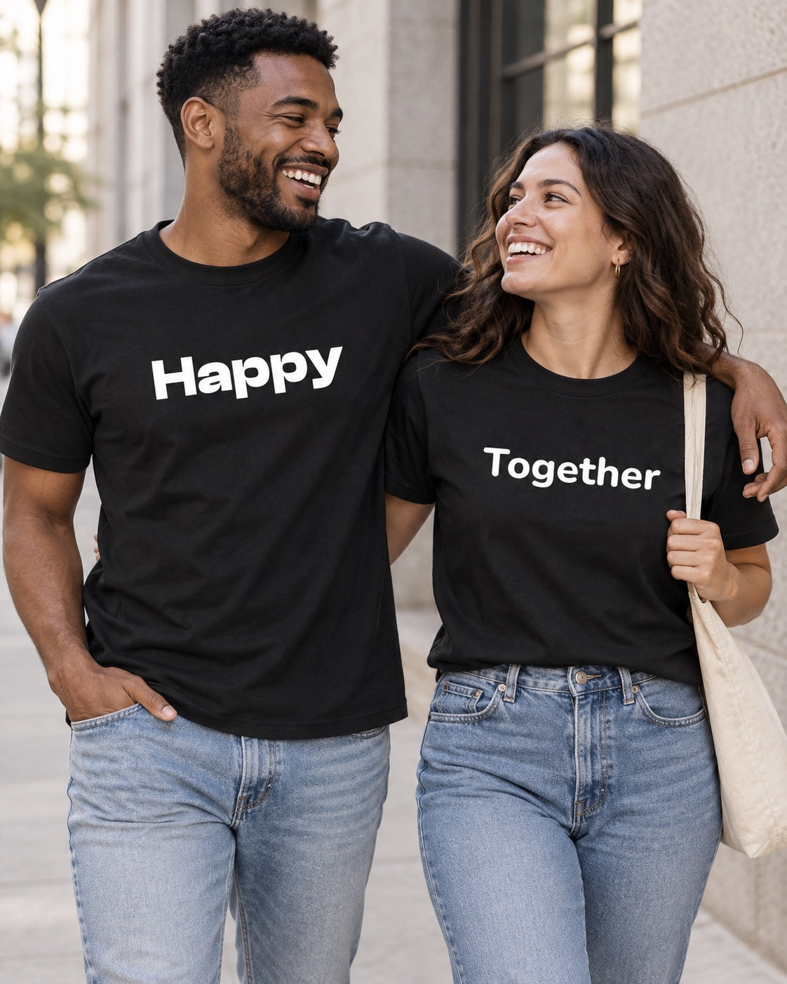 Two models wearing Happy and Together T-shirts