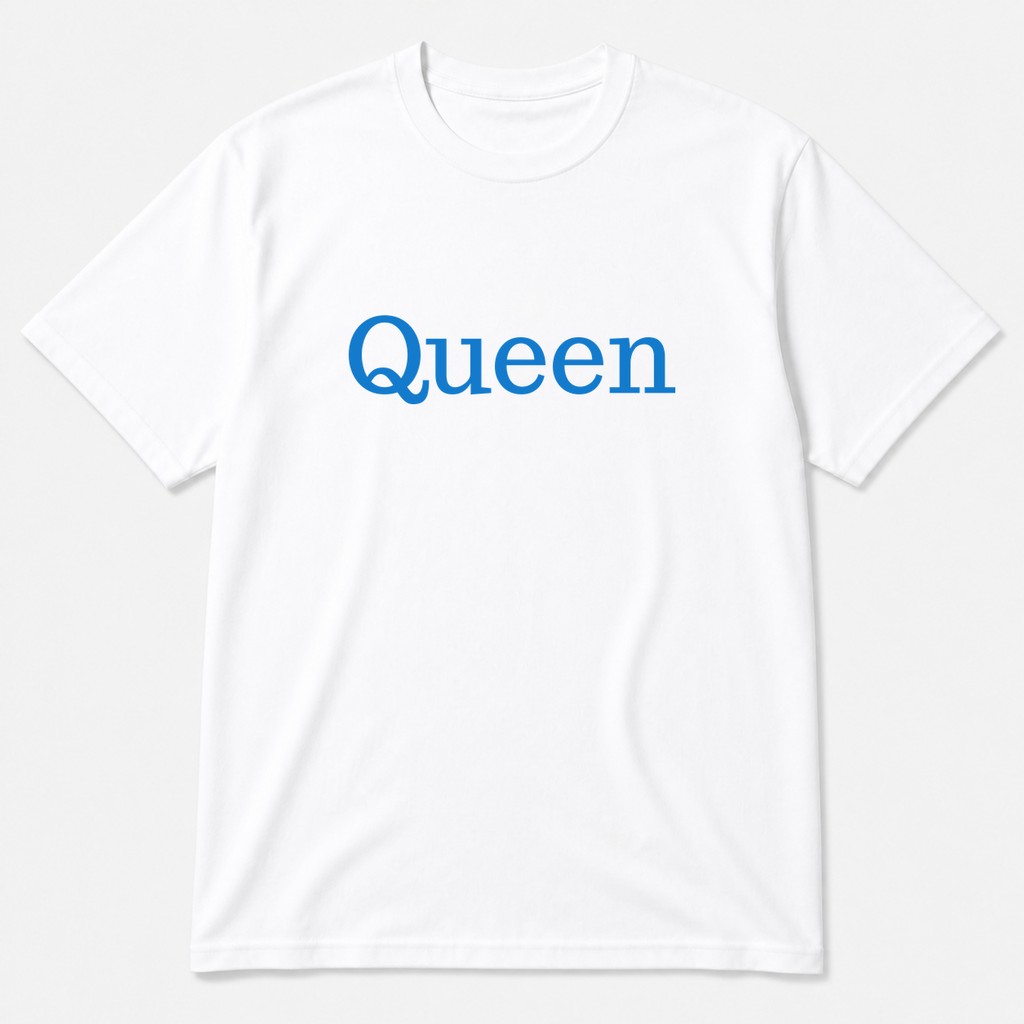 Queen T-Shirt in white with blue text